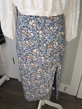 Abercrombie & Fitch Floral Midi Skirt in Blue and Cream